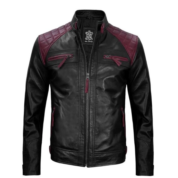 Mens Maroon and Black Cafe Racer Leather Jacket