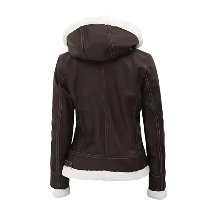 Womens Fur Lined Brown Bomber Leather Jacket - Image 2