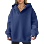 a woman wearing a blue hoodie