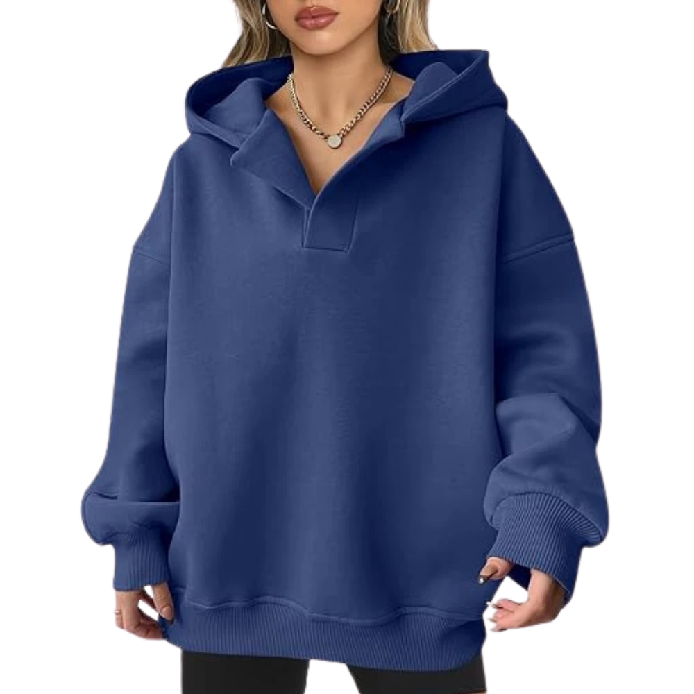 a woman wearing a blue hoodie