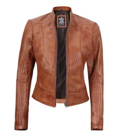 Women's Slim Fit Tan Waxed Biker Leather Jacket