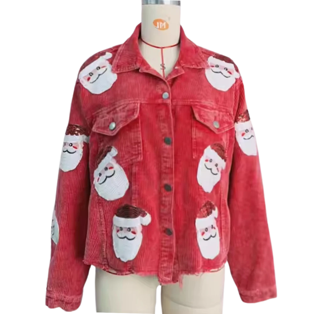 Women's Corduroy Rugby Sequined Santa Denim Jacket