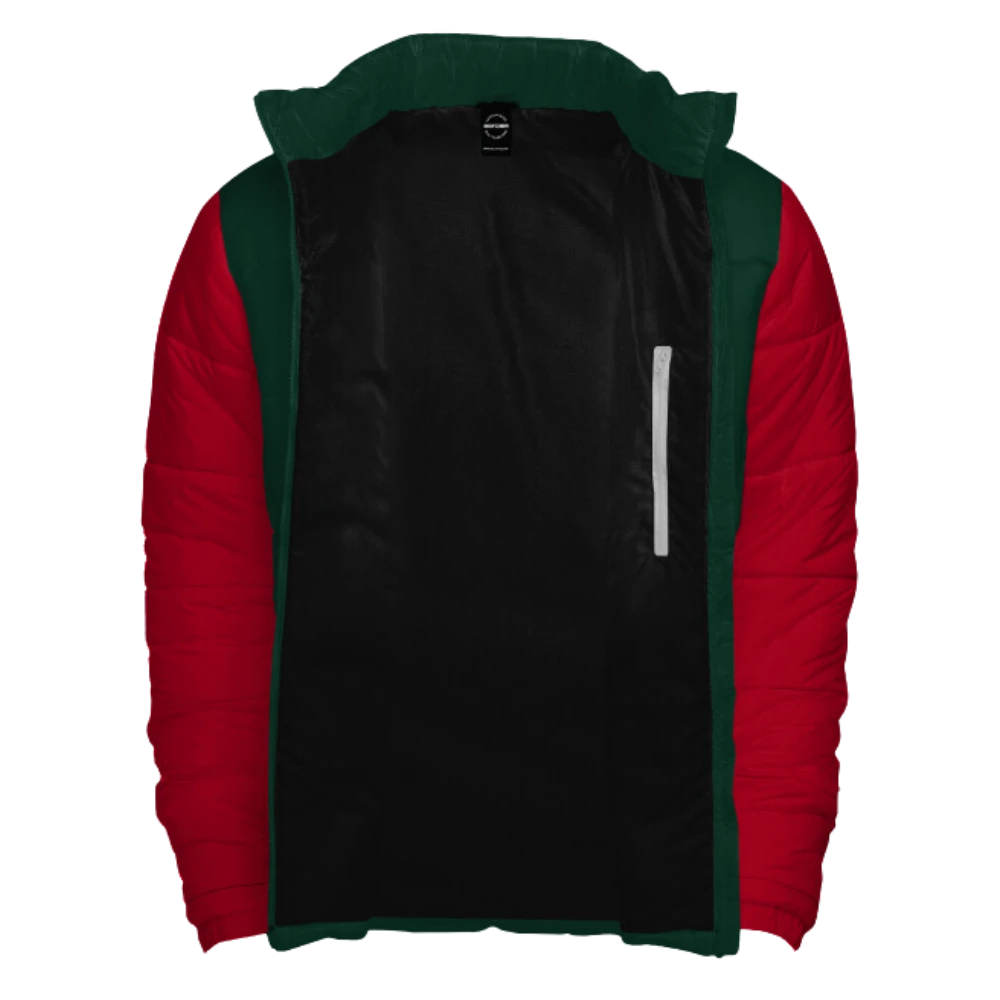 Mens Red Jacket Green Sleeves Christmas Puffer Jacket