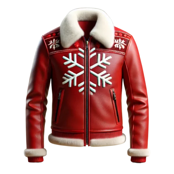 Men's Christmas Snowflake Red Leather Bomber Jacket