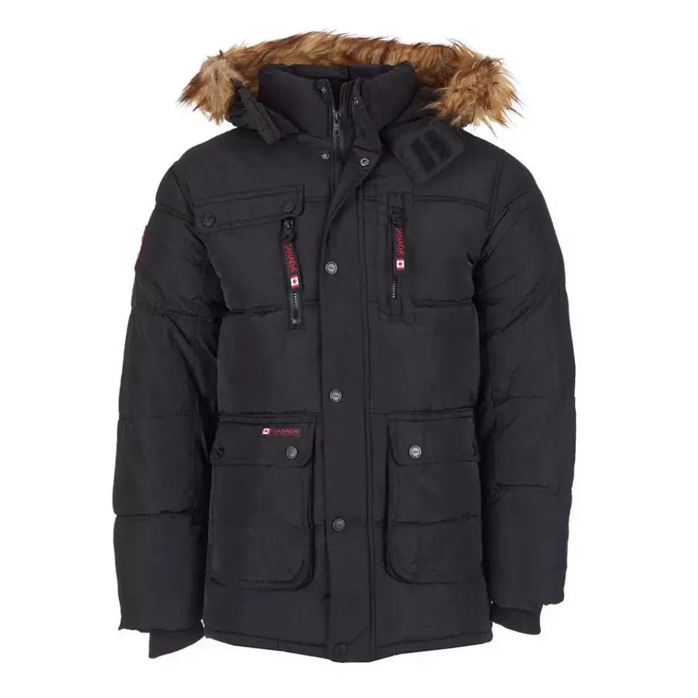 Canada Weather Gear Mens Fur Hooded Black Puffer Jacket