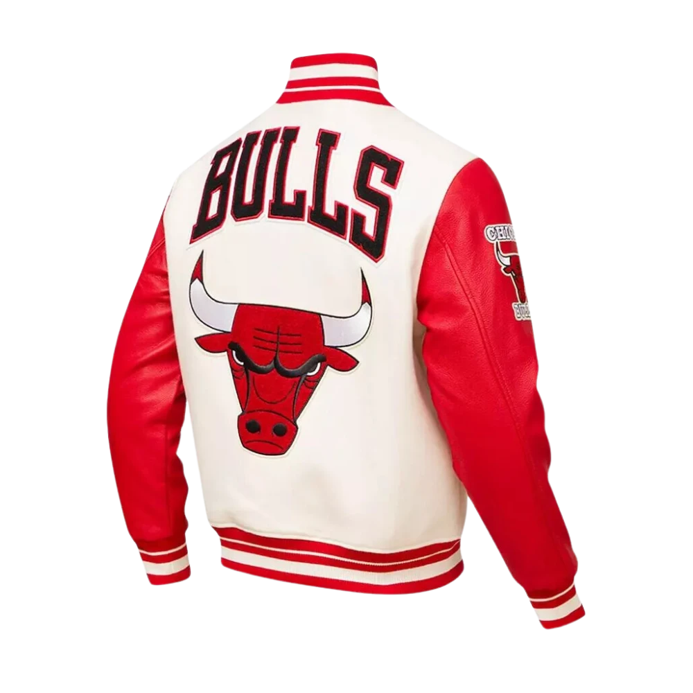 Mens Chicago Bulls White Red Leather Sleeves Vintage Varsity Jacket