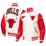 Mens Chicago Bulls White Red Leather Sleeves Vintage Varsity Jacket