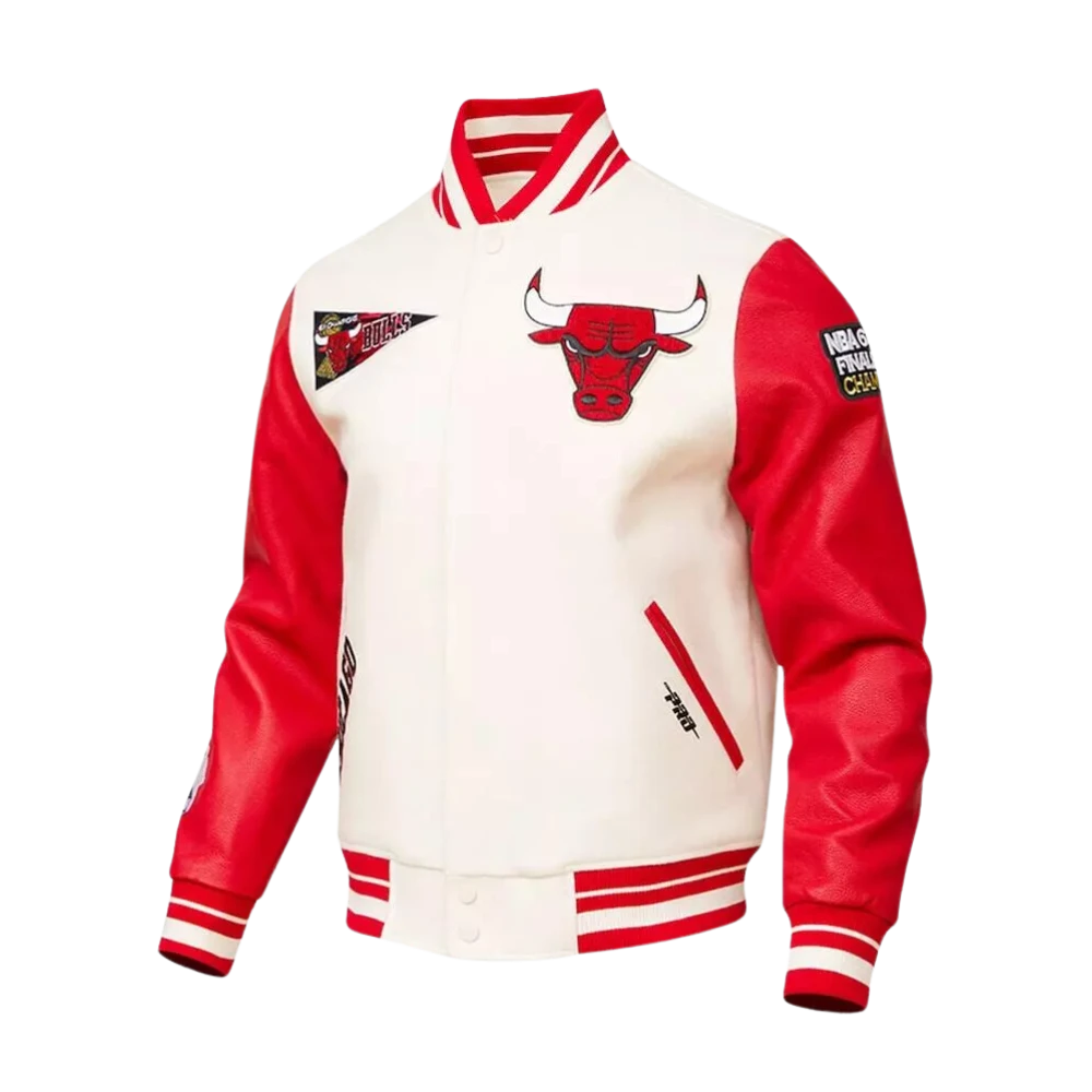 Mens Chicago Bulls White Red Leather Sleeves Vintage Varsity Jacket