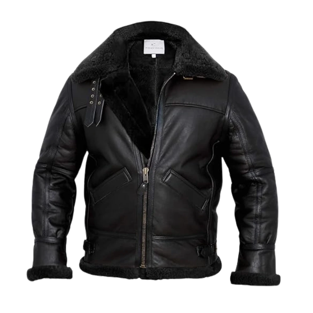 Mens Aviator B3 Bomber Shearling Black Leather Jacket