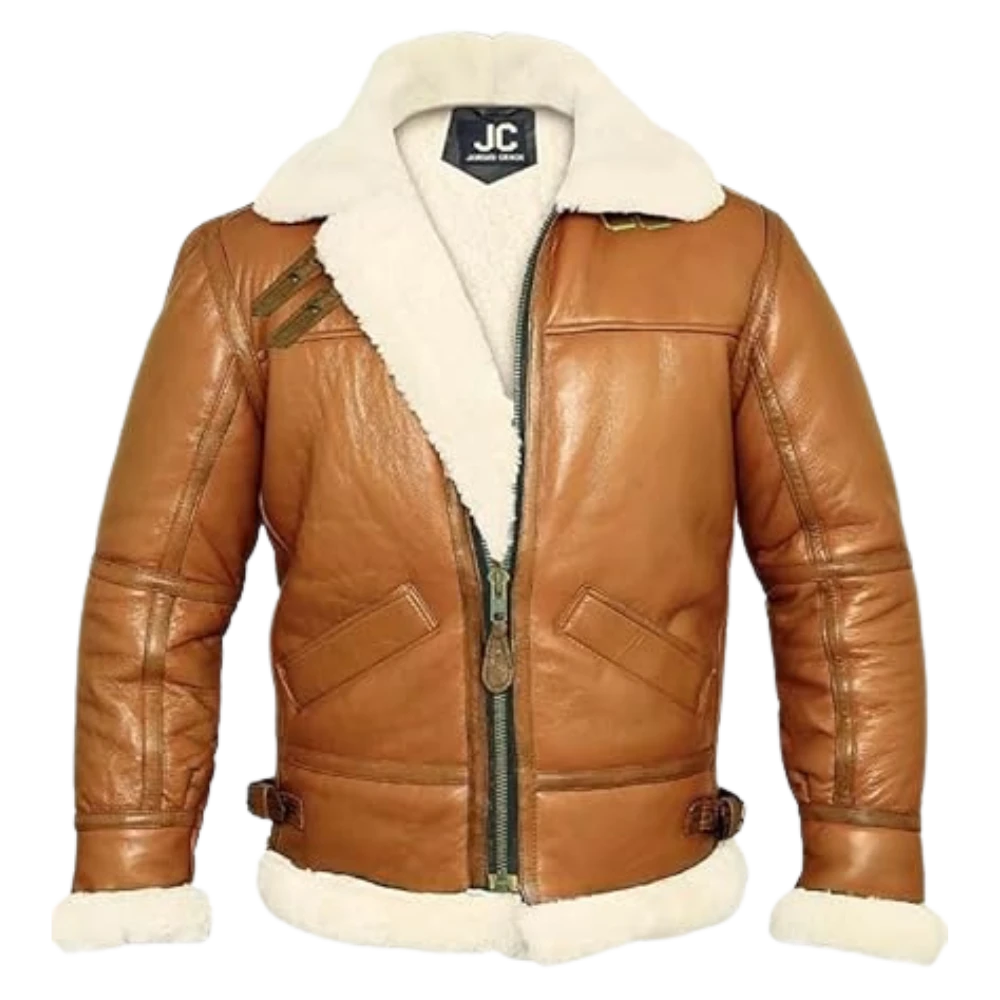 Mens Aviator B3 Bomber Shearling Leather Tan Brown Jacket