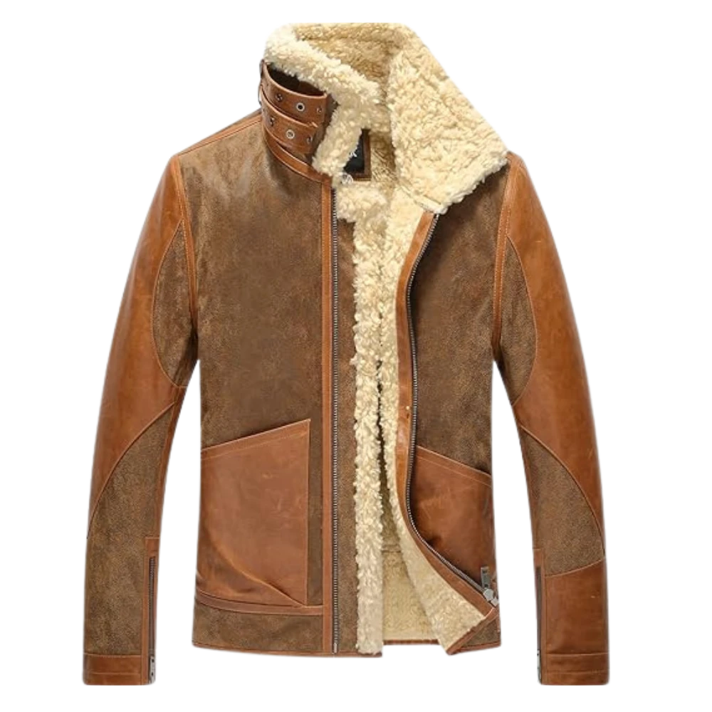 Mens Aviator Bomber Pilot Shearling Leather Brown Coat Jacket Front look