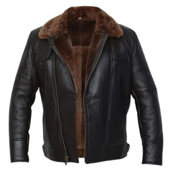 Mens Aviator Cross Zip B3 Bomber Shearling Leather Brown Jacket