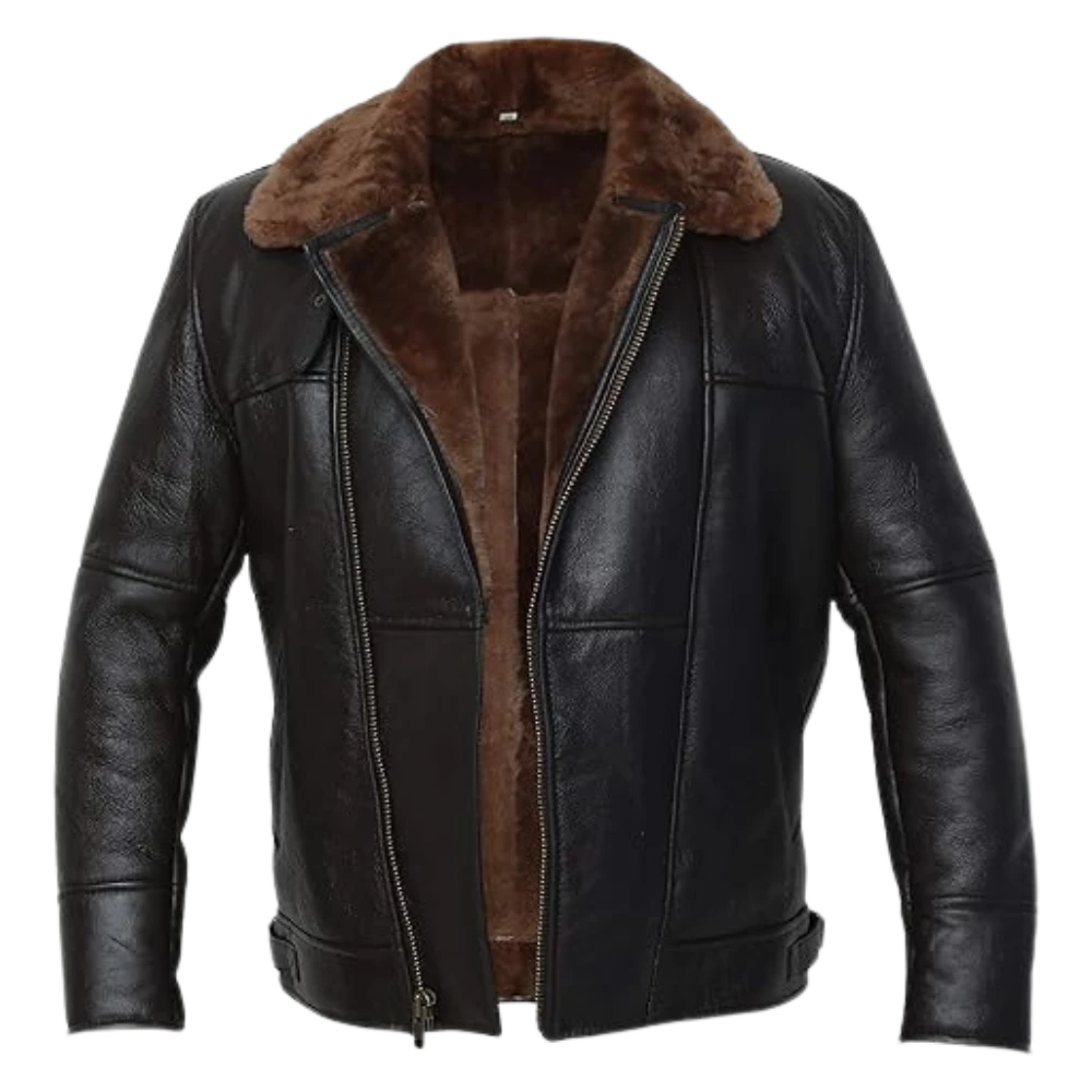 Mens Aviator Cross Zip B3 Bomber Shearling Leather Brown Jacket