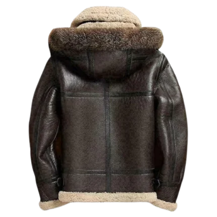 Mens Aviator Flight Hooded B3 Shearling Leather Brown Jacket