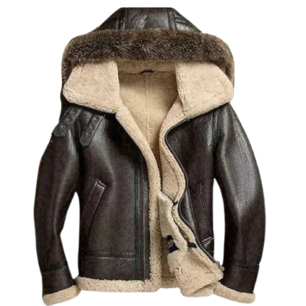 Mens Aviator Flight Hooded B3 Shearling Leather Brown Jacket