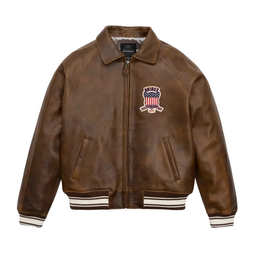 Men's Avirex Classic American Flight Icon Brown Leather Bomber Jacket