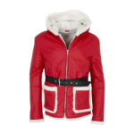 Mens Christmas Red Hooded Leather Jacket