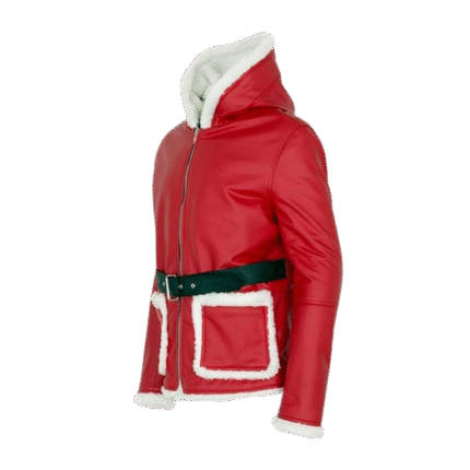 Mens Christmas Red Hooded Leather Jacket