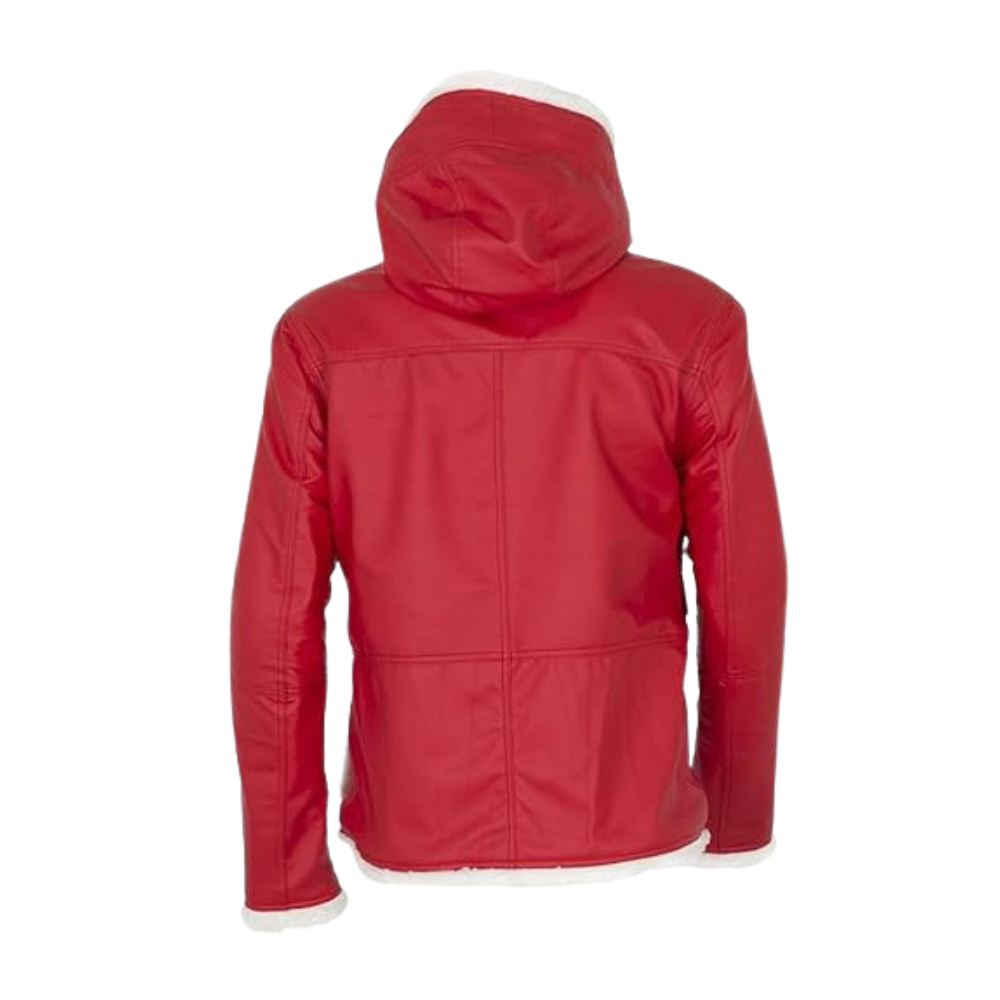 Mens Christmas Red Hooded Leather Jacket