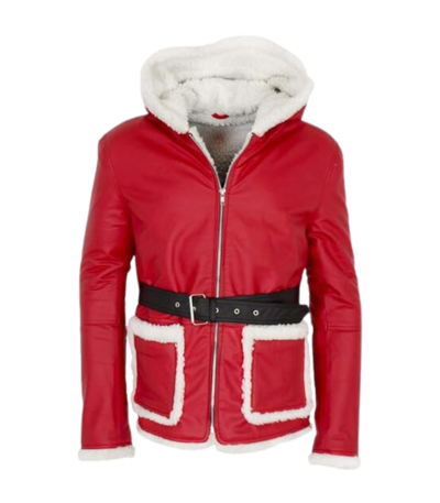 Mens Christmas Red Hooded Leather Jacket