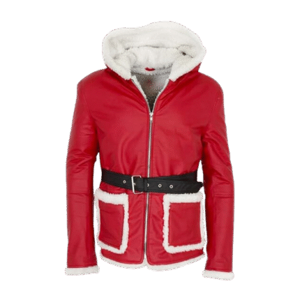 Mens Christmas Red Hooded Leather Jacket