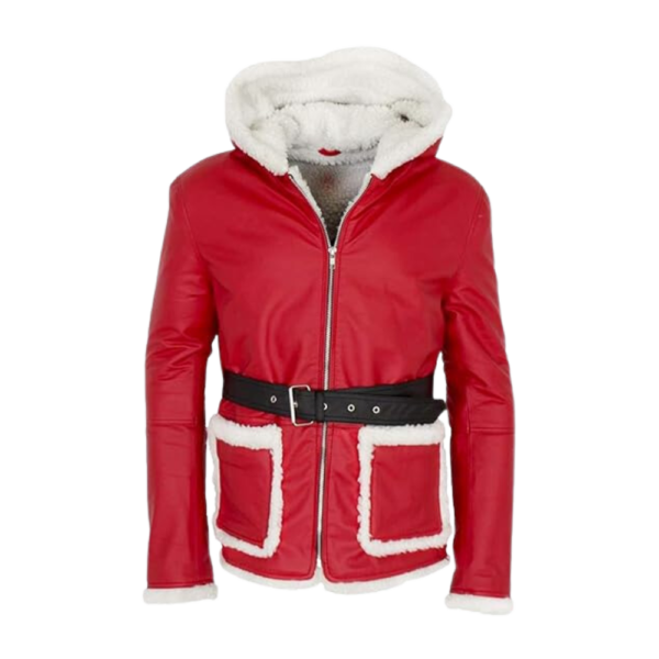 Mens Christmas Red Hooded Leather Jacket