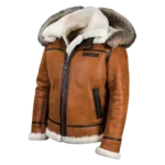 a brown leather jacket with a fur hood