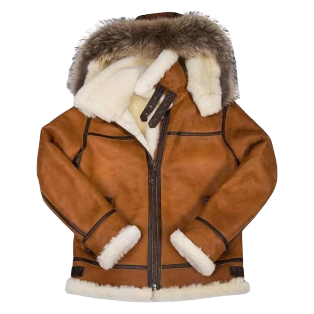 Mens Classic Brown Shearling Aviator Jacket with Fur Hood (2)