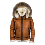 Mens Classic Brown Shearling Aviator Jacket with Fur Hood (3)