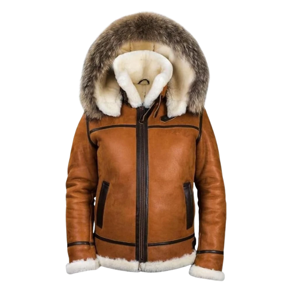 Mens Classic Brown Shearling Aviator Jacket with Fur Hood (3)