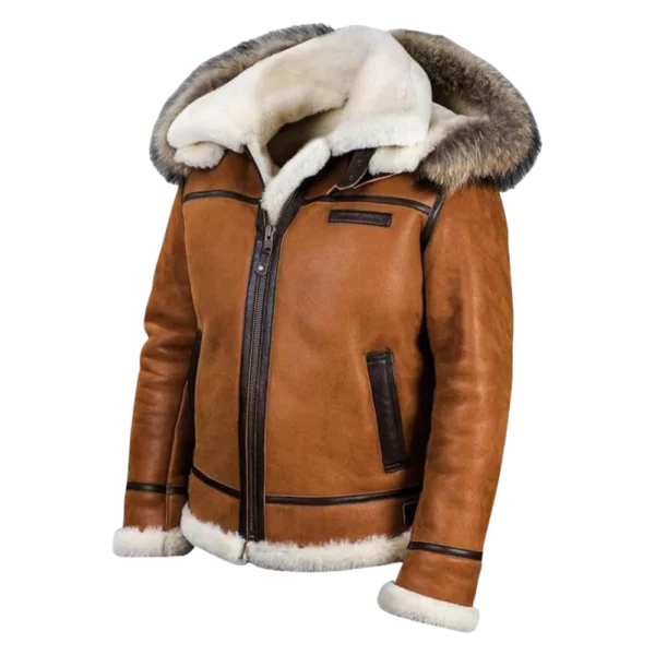 a brown leather jacket with a fur hood