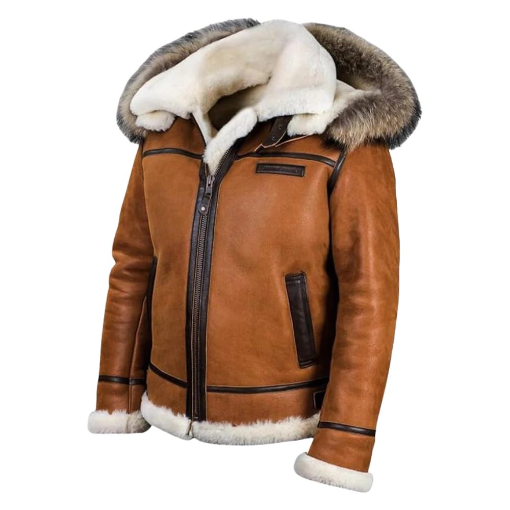 a brown leather jacket with a fur hood