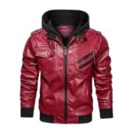 Mens Hooded Stand Collar Bomber Leather Christmas Jacket