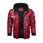 Mens Hooded Stand Collar Bomber Leather Christmas Jacket