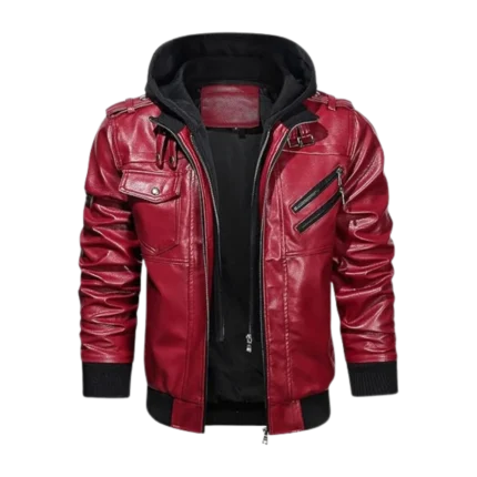 Mens Hooded Stand Collar Bomber Leather Christmas Jacket