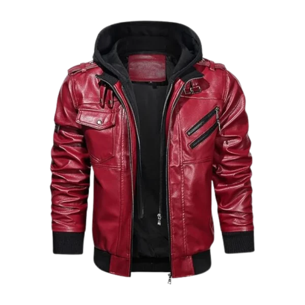 Mens Hooded Stand Collar Bomber Leather Christmas Jacket