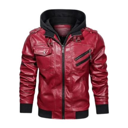 Mens Hooded Stand Collar Bomber Leather Christmas Jacket