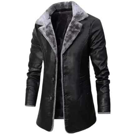 Mens Duffle Mid Length Shearling Leather Black Coat