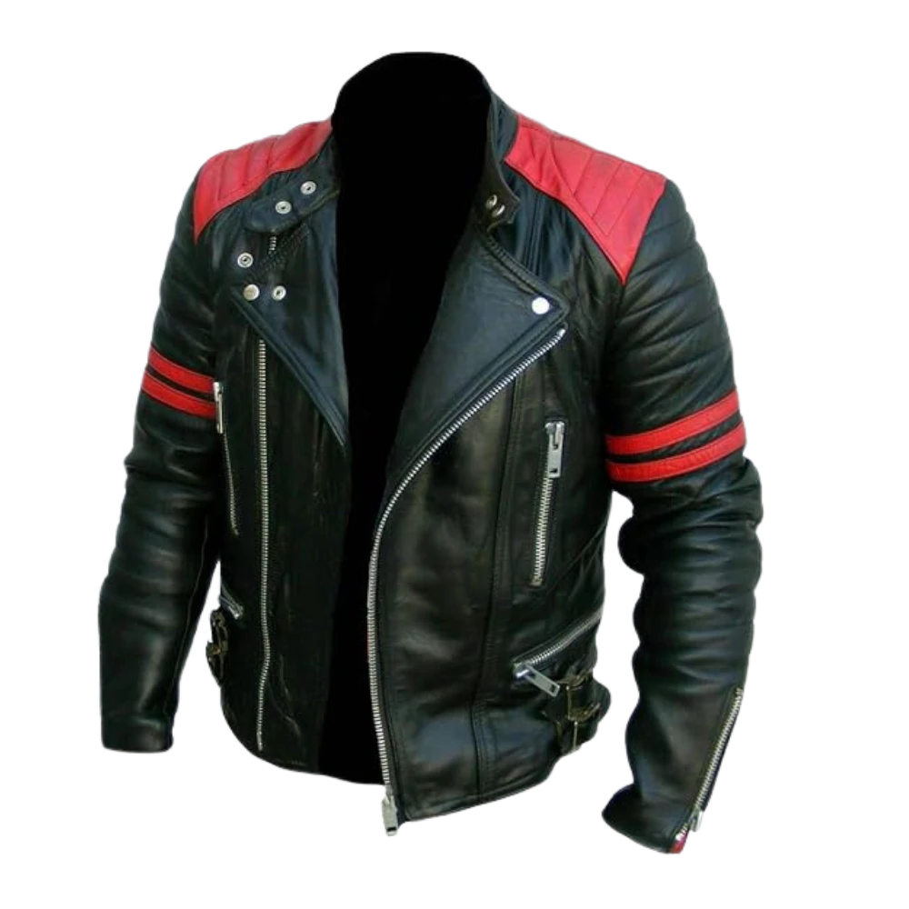 Mens Vintage Brando Red Stripes Black Biker Leather Jacket