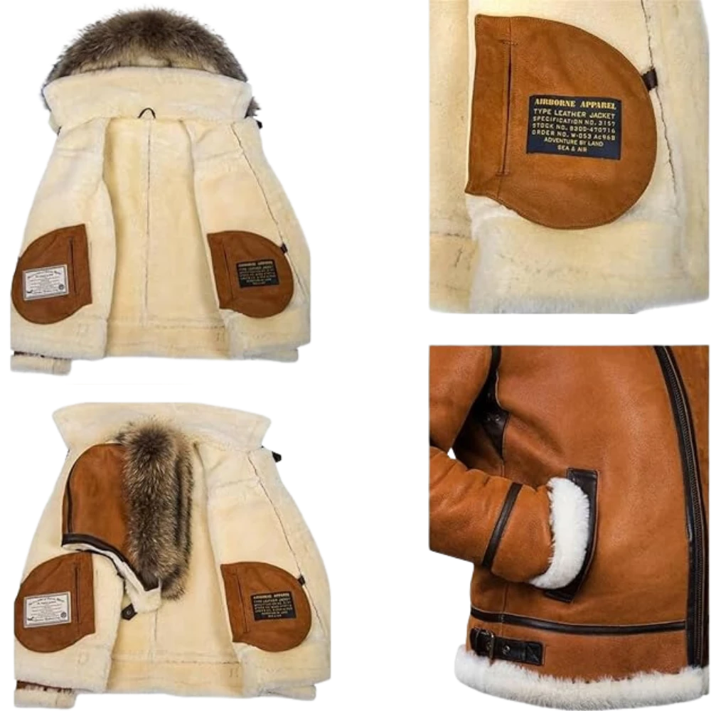 Mens Faux Suede Shearling Leather Coat Zipper Fur Hooded Sherpa Lined Brown Winter Thicken Warm Jacket Outwear Pocket (5)