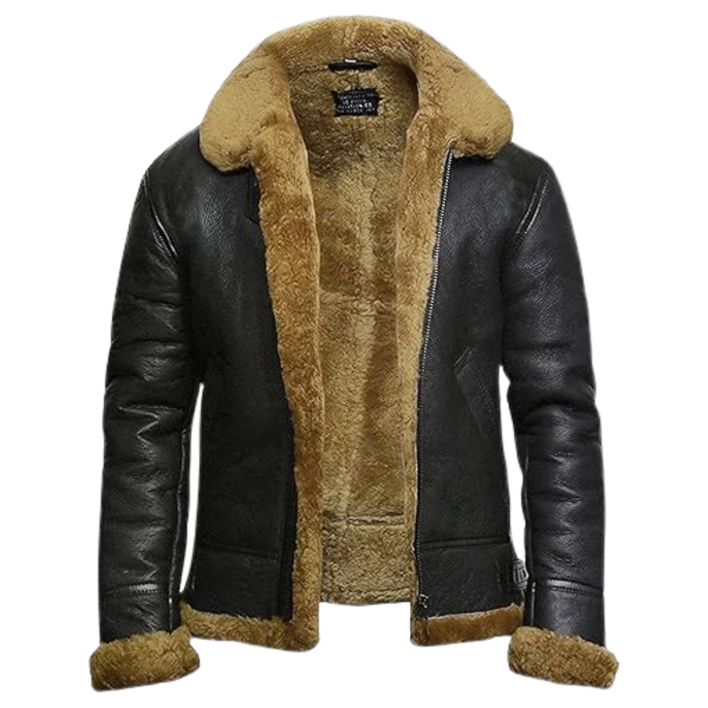 Mens Flying B3 Bomber Shearling Leather Black Jacket