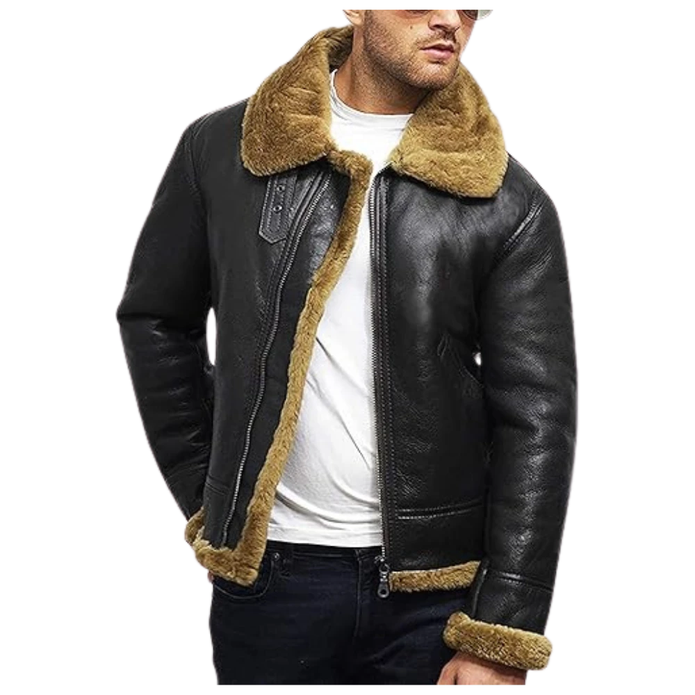 Mens Flying B3 Bomber Shearling Leather Black Jacket