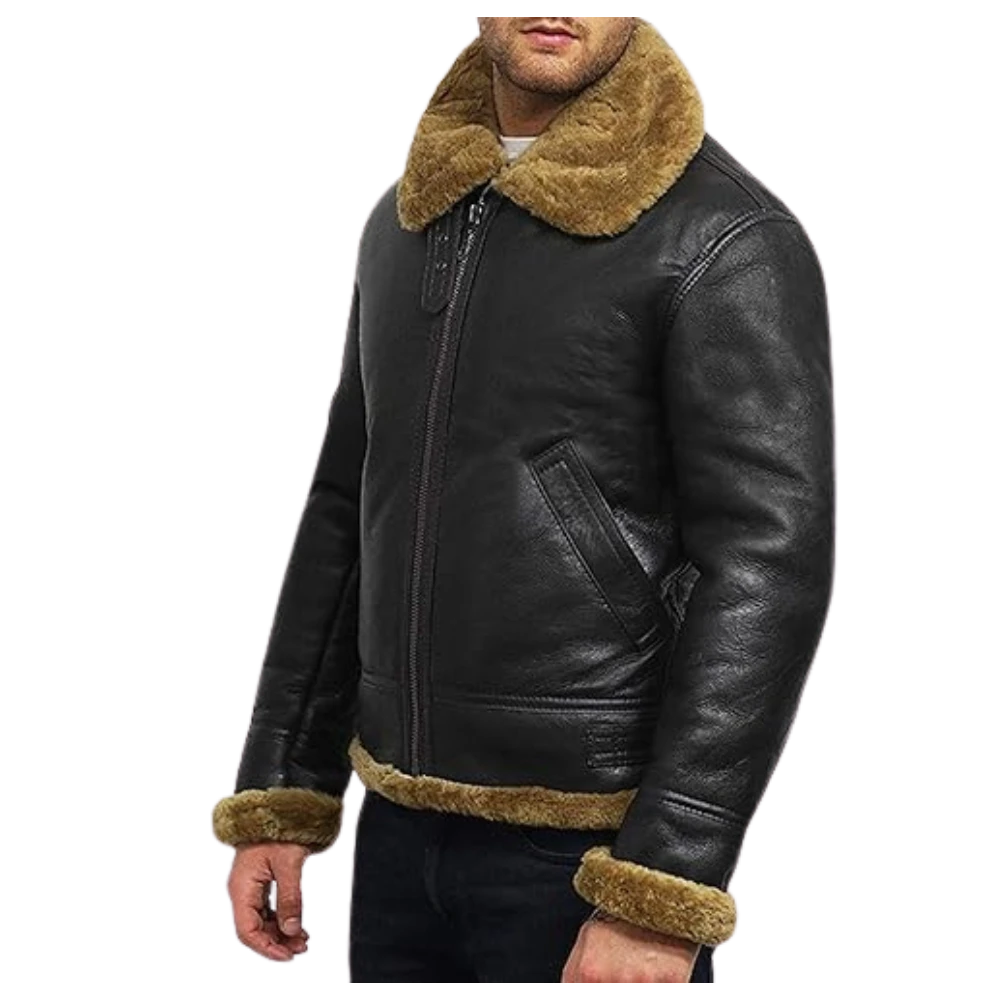 Mens Flying B3 Bomber Shearling Leather Black Jacket