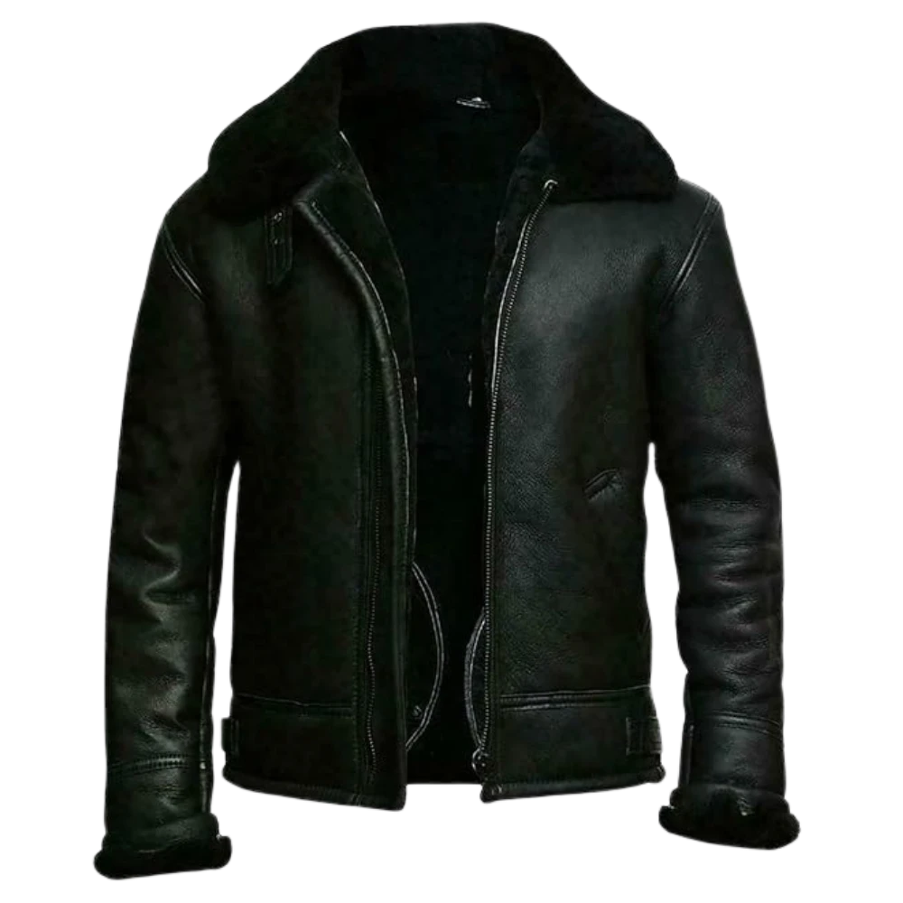 Mens Pilot Aviator B3 Flying Shearling Black Leather Jacket