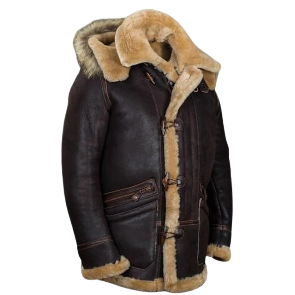 Mens Pilot Bomber Detachable Hooded Shearling Leather Brown Jacket