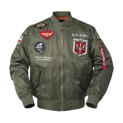 Mens Windbreaker Embroidered Patches US Navy Bomber Jacket