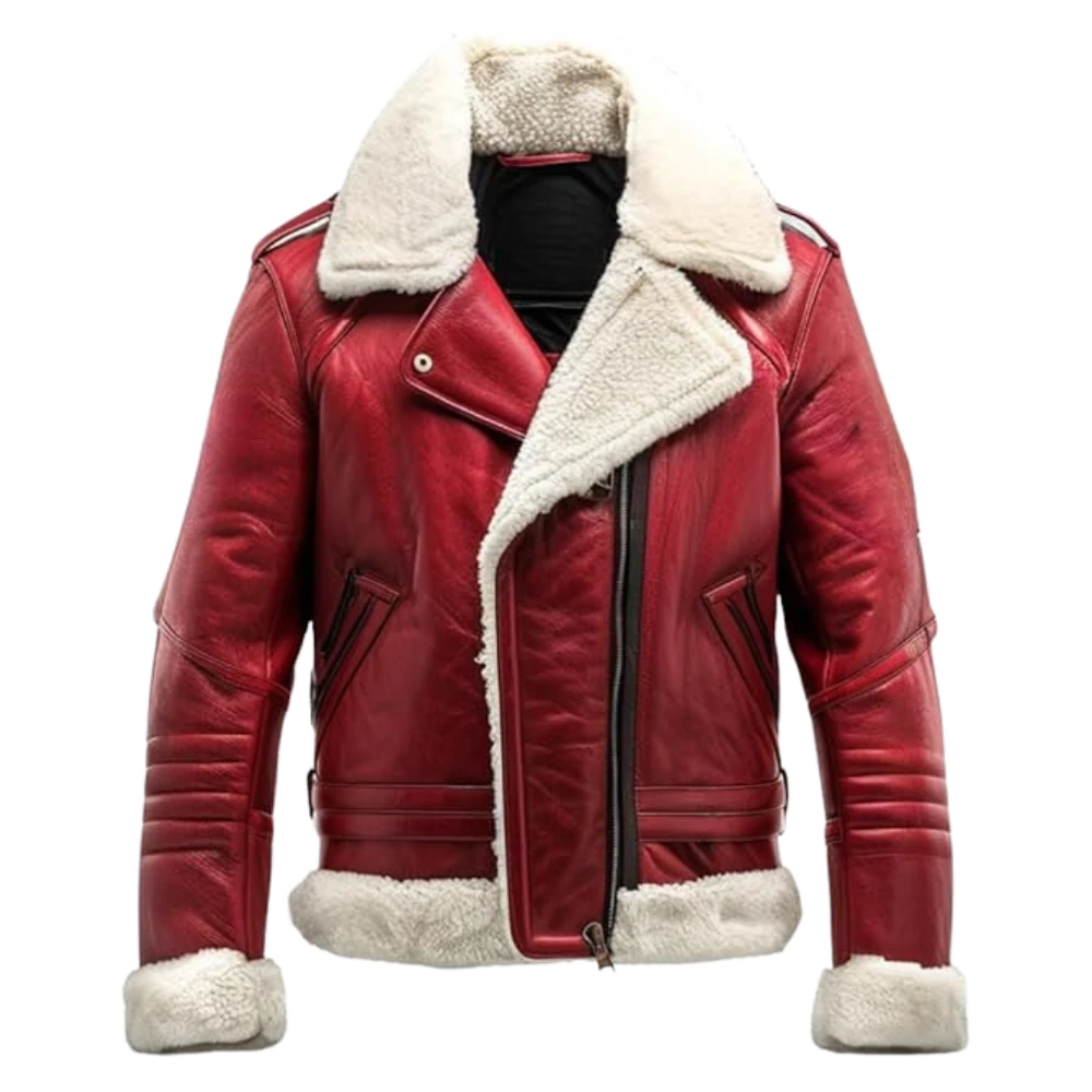 Mens zippered Pocket Christmas Shearling Leather Red Jacket