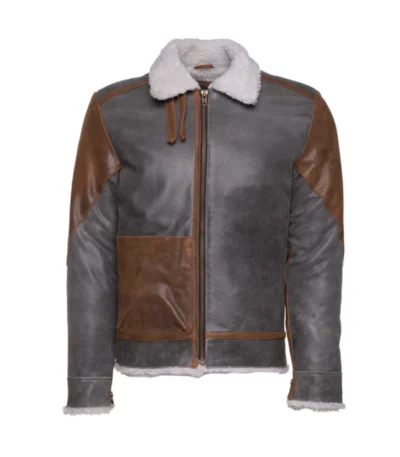 Men's Brown Patched Sherpa Lining Leather Jacket - Front look second