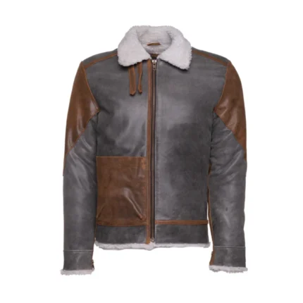 Men's Brown Patched Sherpa Lining Leather Jacket - Front look second