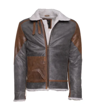 Men's Brown Patched Sherpa Lining Leather Jacket - Front look Main